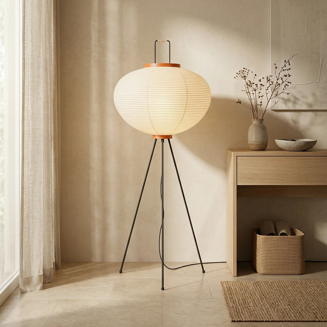 Round_Akari_Paper_Floor_Lamp_in_Wabi-Sabi_Living_Room_Woorglamp