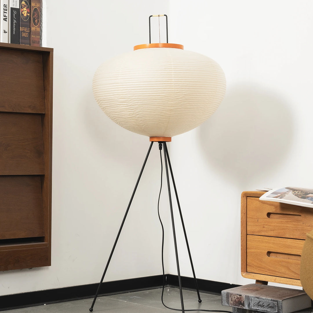 Round_Akari_Paper_Floor_Lamp_in_Warm_Tone_Wall_Space_Woorglamp
