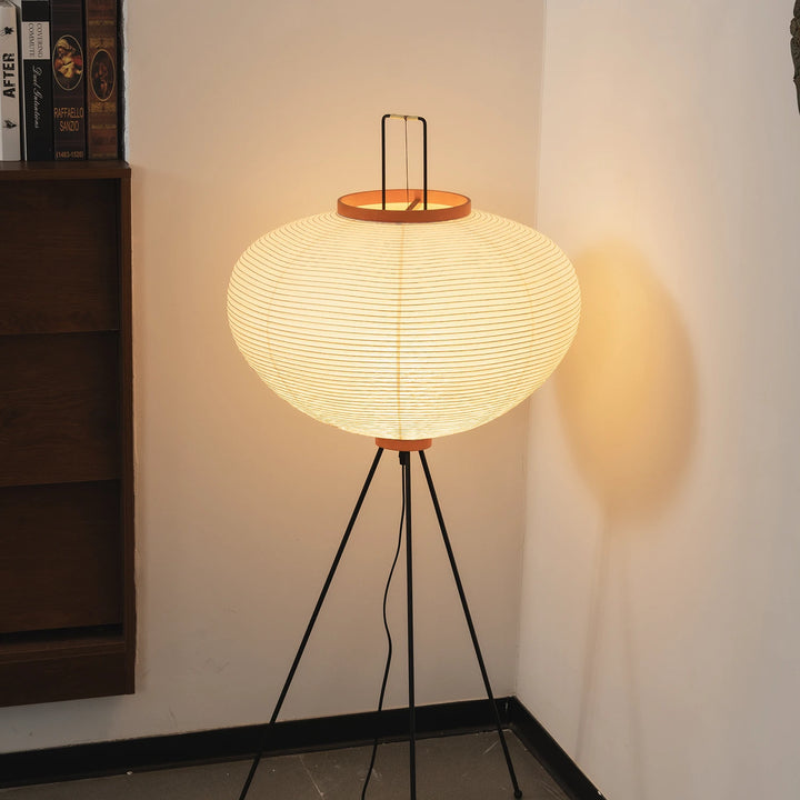 Round_Akari_Paper_Floor_Lamp_by_Dark_Wood_Cabinet_Woorglamp