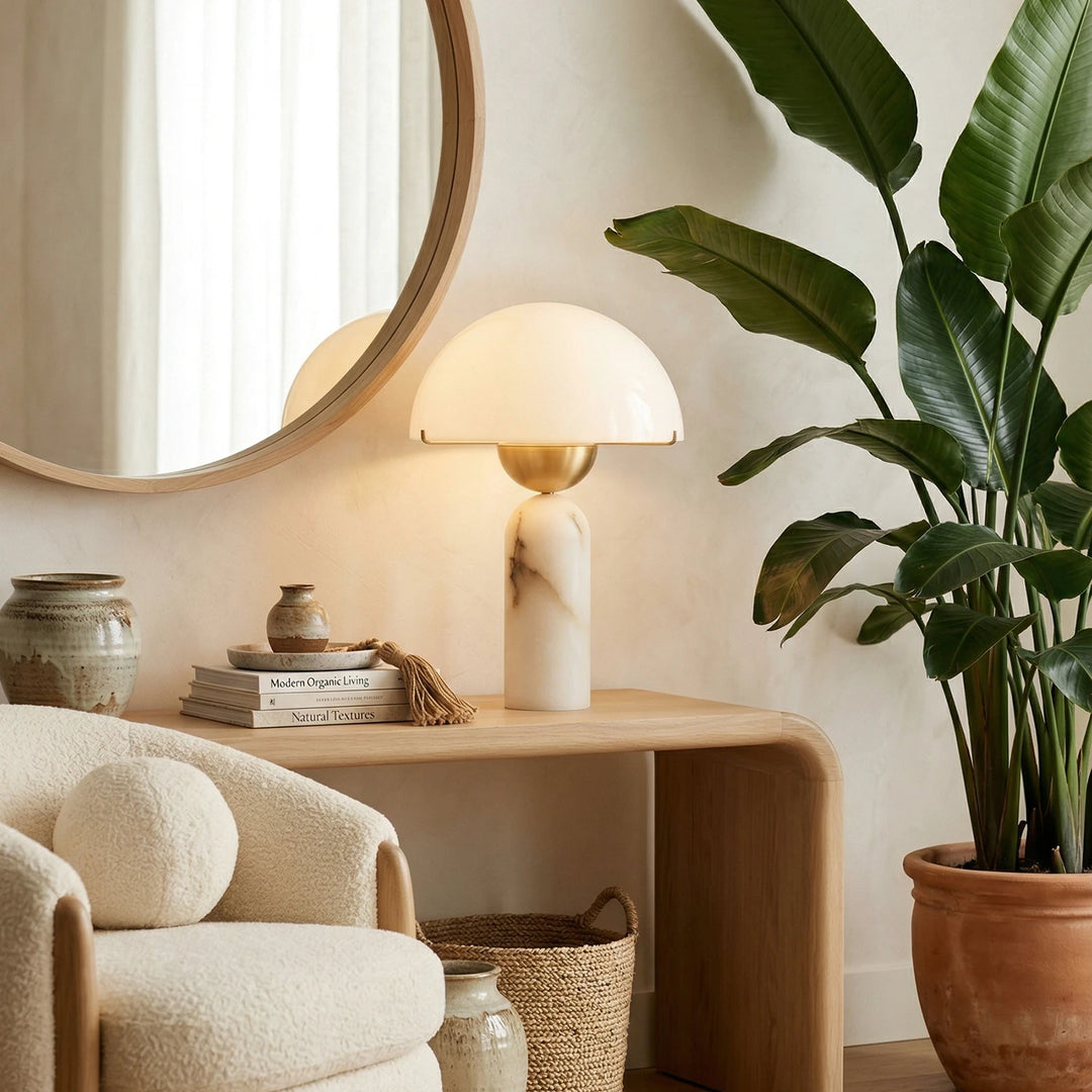 Alabaster_Dome_Table_Lamp_on_Wooden_Credenza_Woorglamp