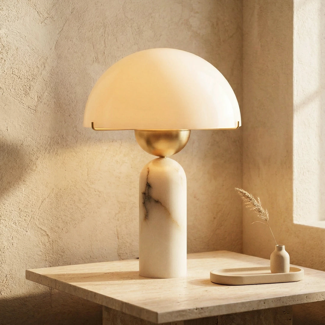 Alabaster_Dome_Table_Lamp_Side_View_on_Warm_Wall_Woorglamp
