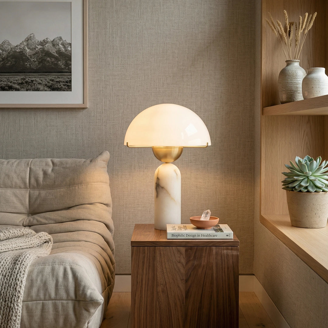 Alabaster_Dome_Table_Lamp_on_Bedside_Nightstand_Woorglamp