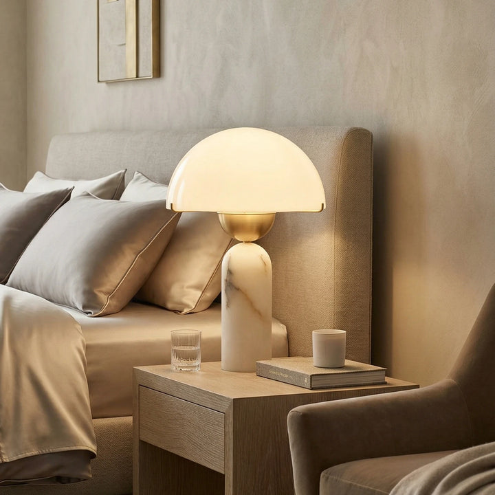 Alabaster_Dome_Table_Lamp_in_Minimalist_Bedroom_Woorglamp
