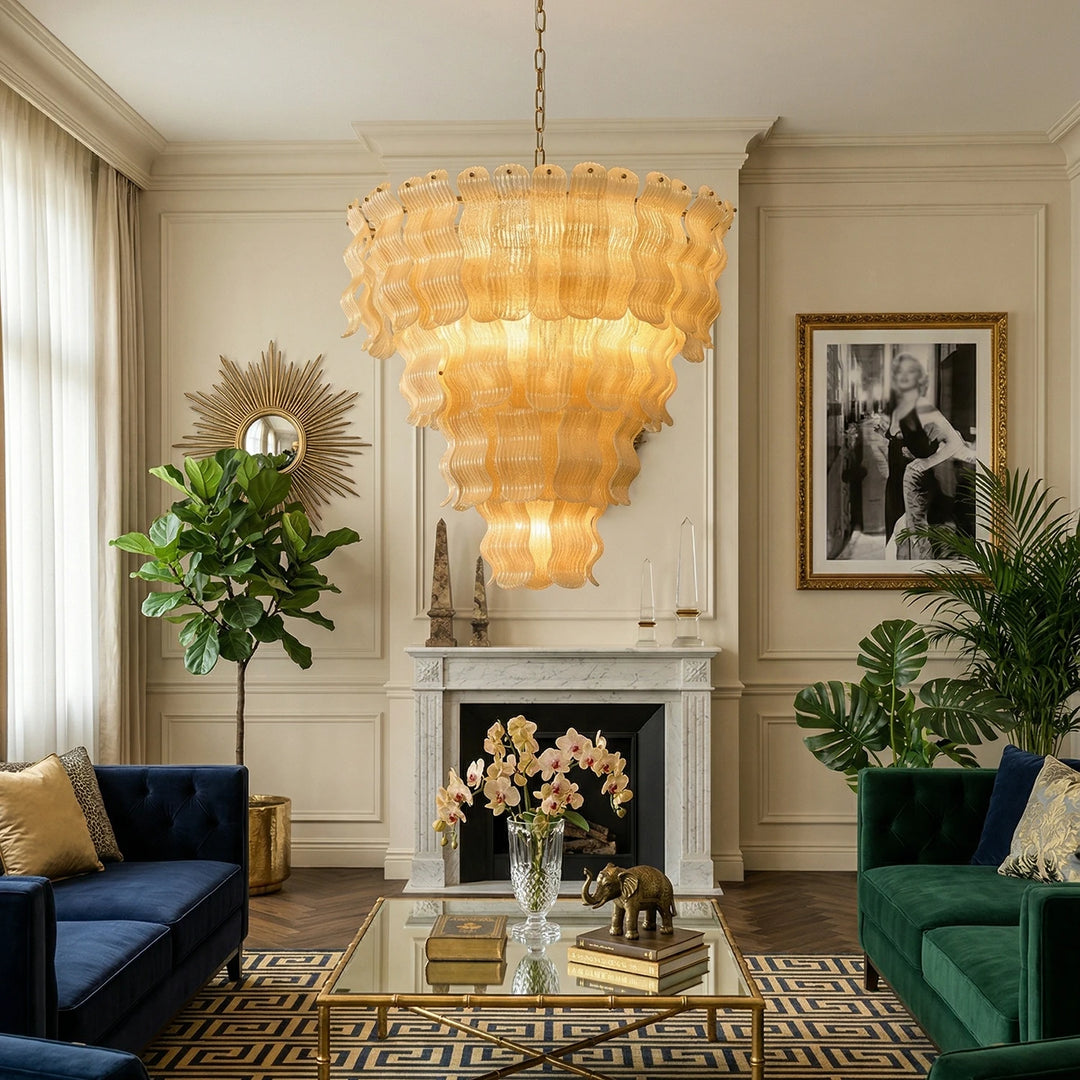 Frosted_Wave_Glass_Chandelier_in_Living_Room_With_Fireplace_Woorglamp