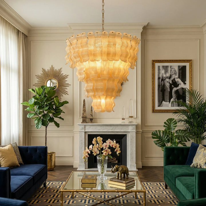 Frosted_Wave_Glass_Chandelier_in_Living_Room_With_Fireplace_Woorglamp