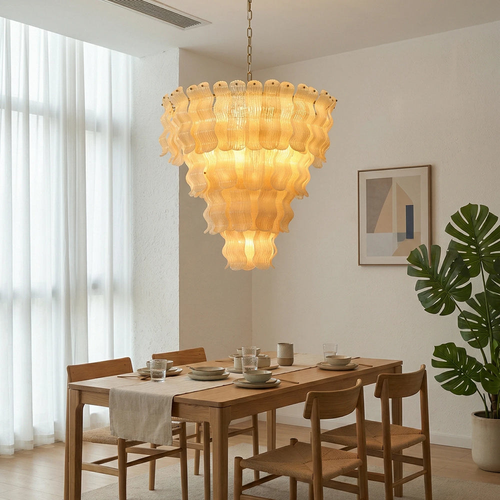 Frosted_Wave_Glass_Chandelier_in_Wooden_Dining_Room_Woorglamp