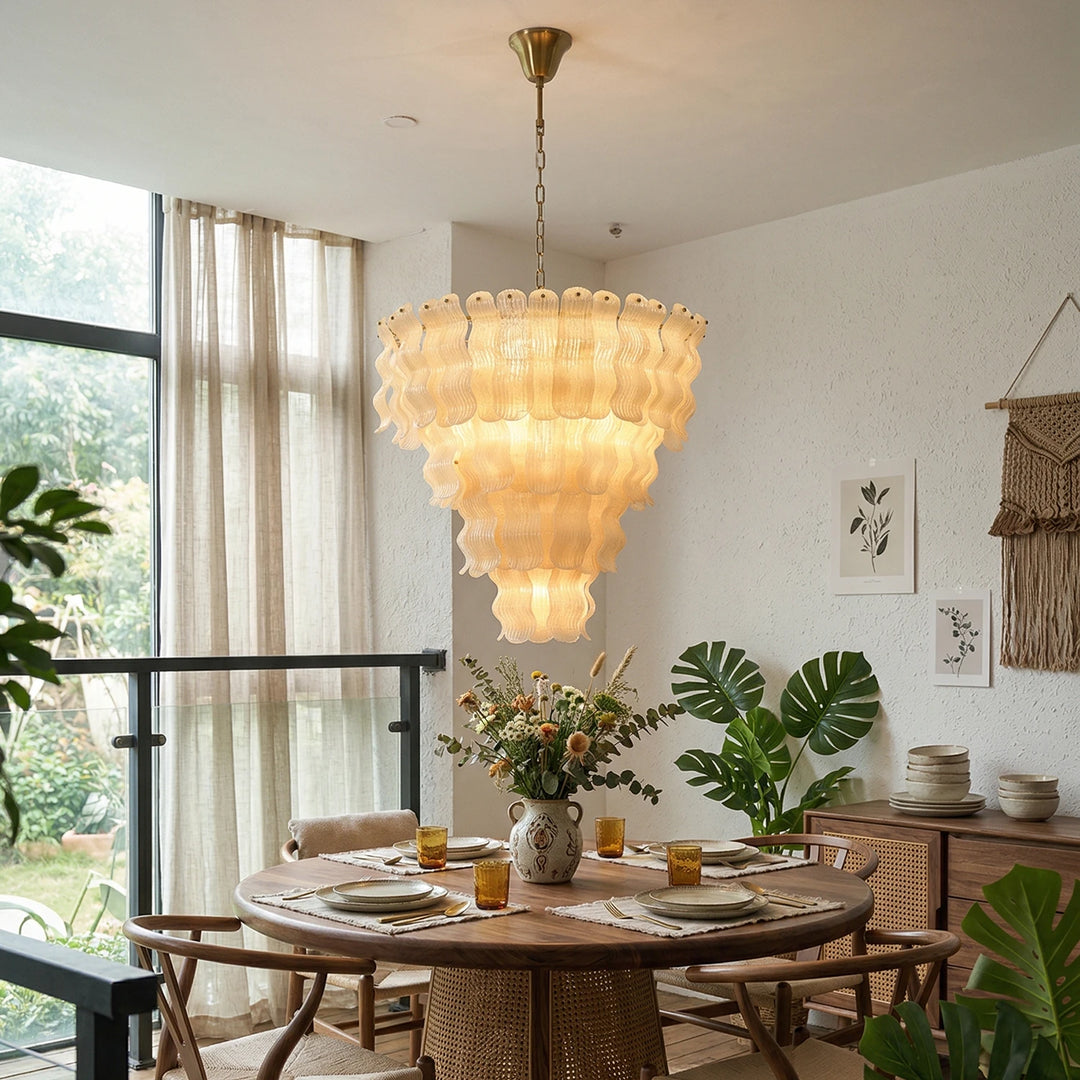 Frosted_Wave_Glass_Chandelier_in_Round_Dining_Setup_Woorglamp