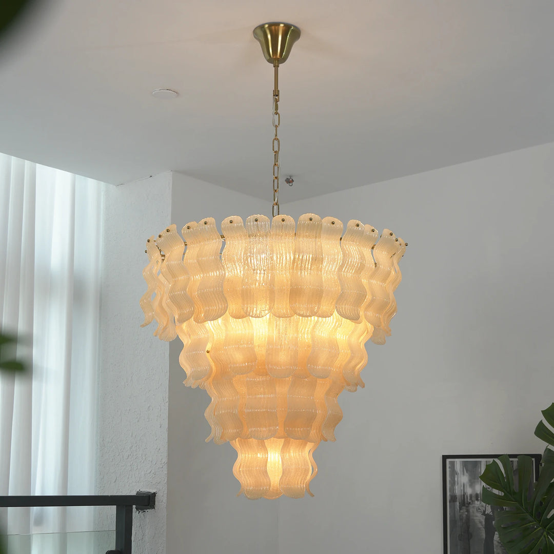 Frosted_Wave_Glass_Chandelier_in_Stairwell_With_Large_Windows_Woorglamp
