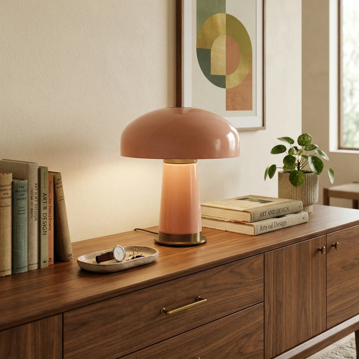 Pink_Glass_Mushroom_Table_Lamp_on_Wooden_Desk_Woorglamp