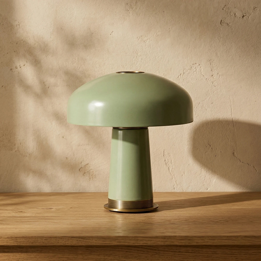 Green_Glass_Mushroom_Table_Lamp_on_Wooden_Side_Table_Woorglamp