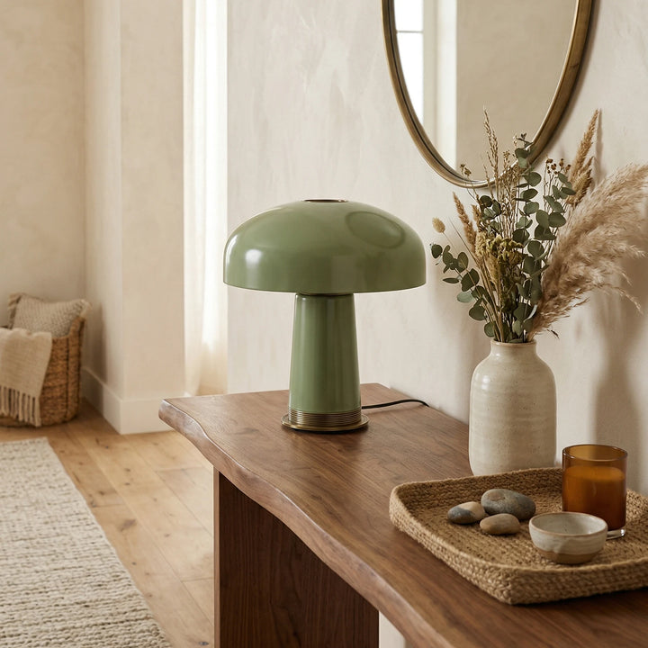 Green_Glass_Mushroom_Table_Lamp_in_Bedroom_Space_Woorglamp