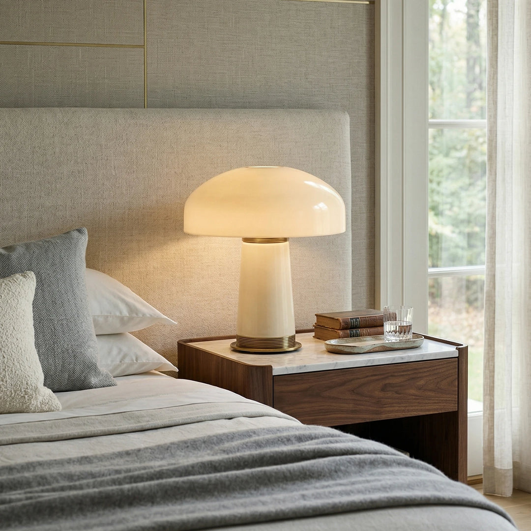 Cream_Glass_Mushroom_Table_Lamp_Lit_Up_Bedroom_Nightstand_Woorglamp
