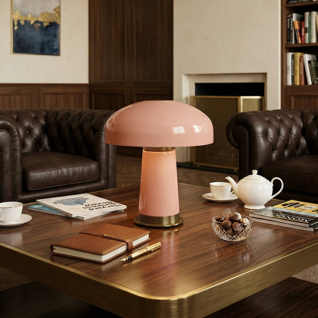 	Pink_Glass_Mushroom_Table_Lamp_on_Coffee_Table_Woorglamp