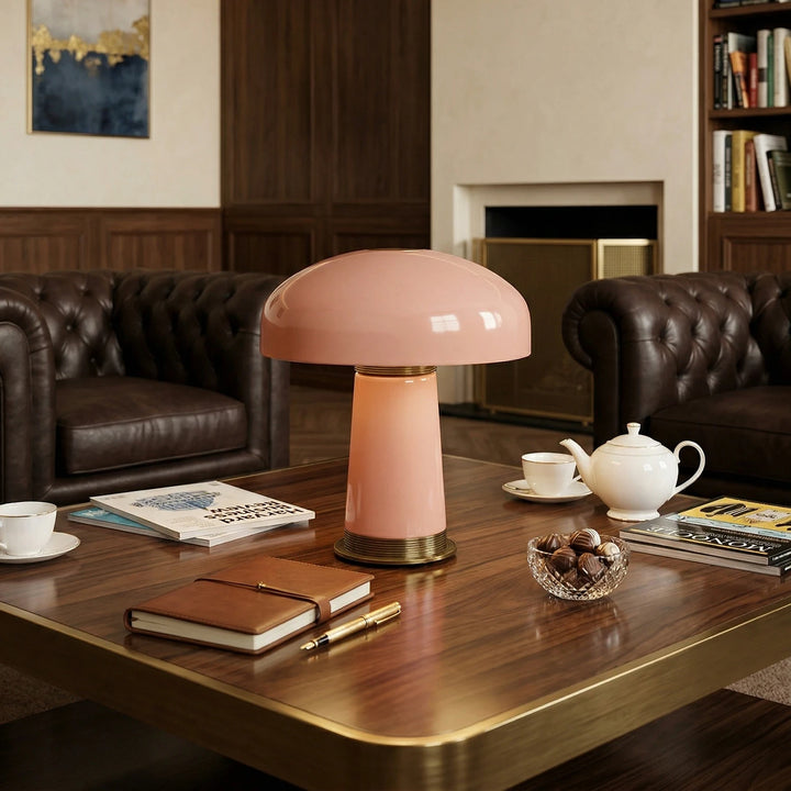 	Pink_Glass_Mushroom_Table_Lamp_on_Coffee_Table_Woorglamp