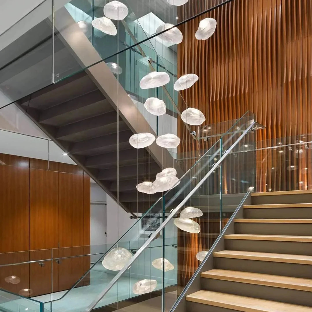 Clear_Halo_Glass_Pendant_Lights_in_Modern_Staircase_Woorglamp