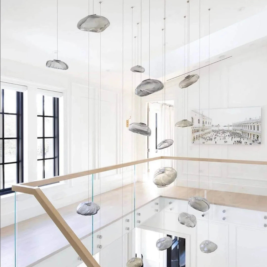 Grey_Halo_Glass_Pendant_Lights_in_Modern_Stairwell_Woorglamp