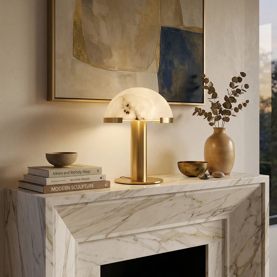 Brass_Alabaster_Table_Lamp_on_Marble_Fireplace_Mantel_Woorglamp