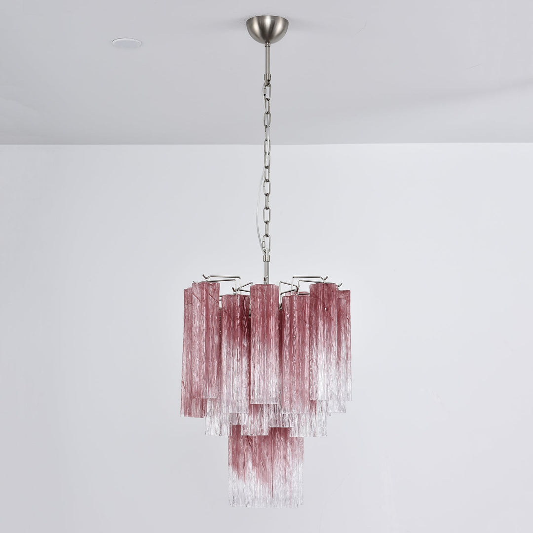 Top view of Murano Glass Tube Chandelier with turquoise star-shaped glass elements on white background