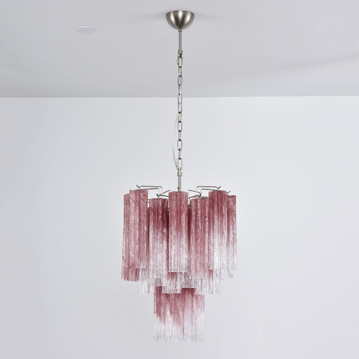 Top view of Murano Glass Tube Chandelier with turquoise star-shaped glass elements on white background