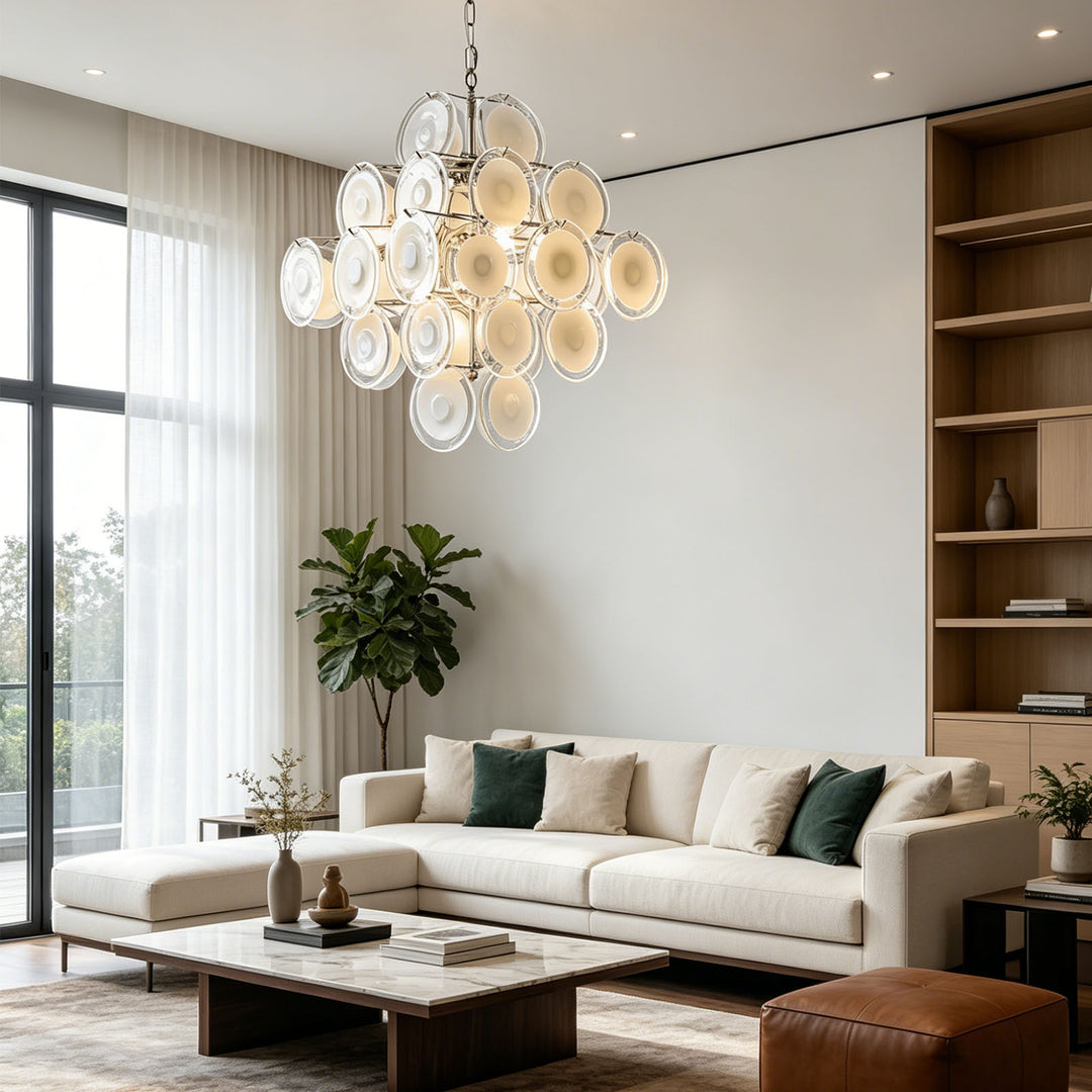 Murano White Glass Disc Chandelier