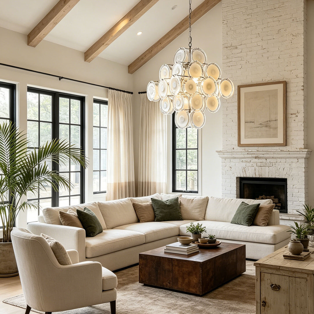 Murano White Glass Disc Chandelier