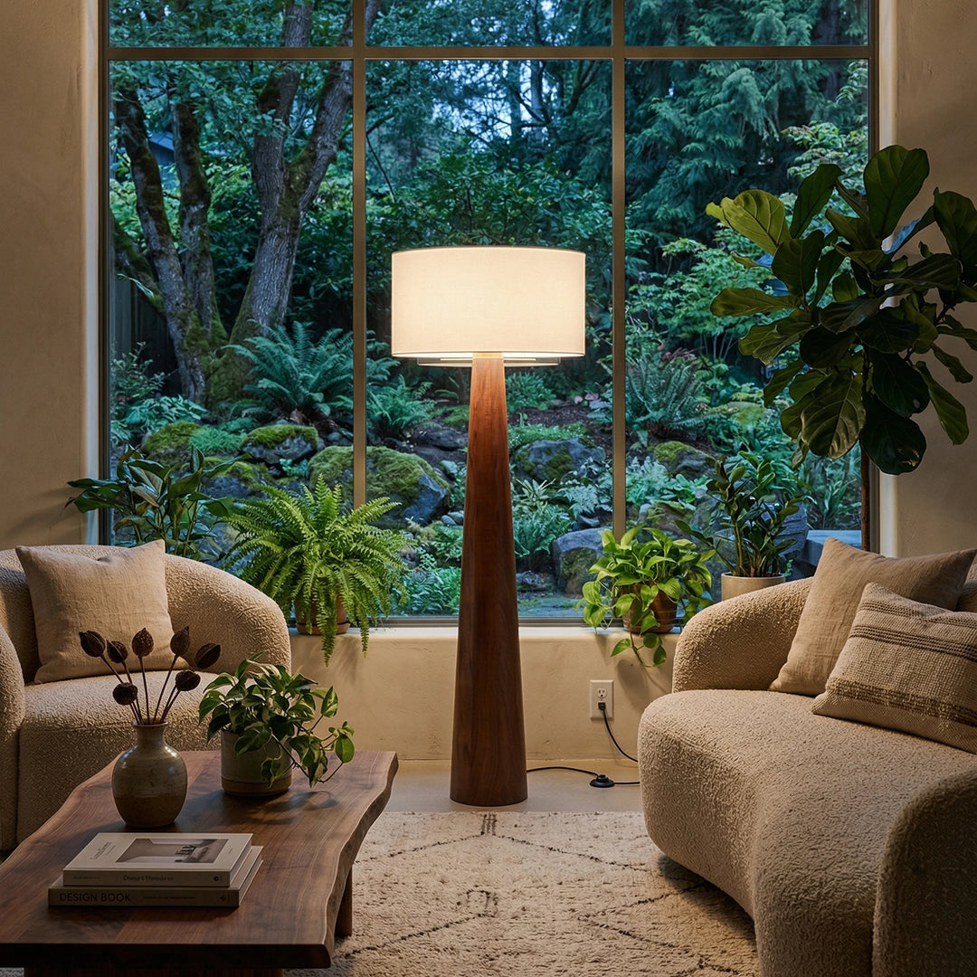 Tapered_Wood_Floor_Lamp_in_Lush_Greenery_Living_Room_Woorglamp