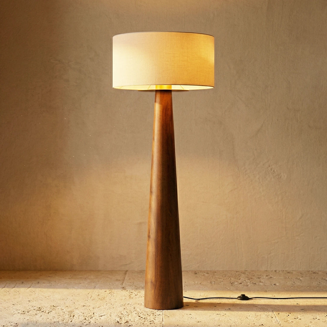 Tapered_Wood_Floor_Lamp_Lit_Up_Warm_Ambient_Light_Woorglamp