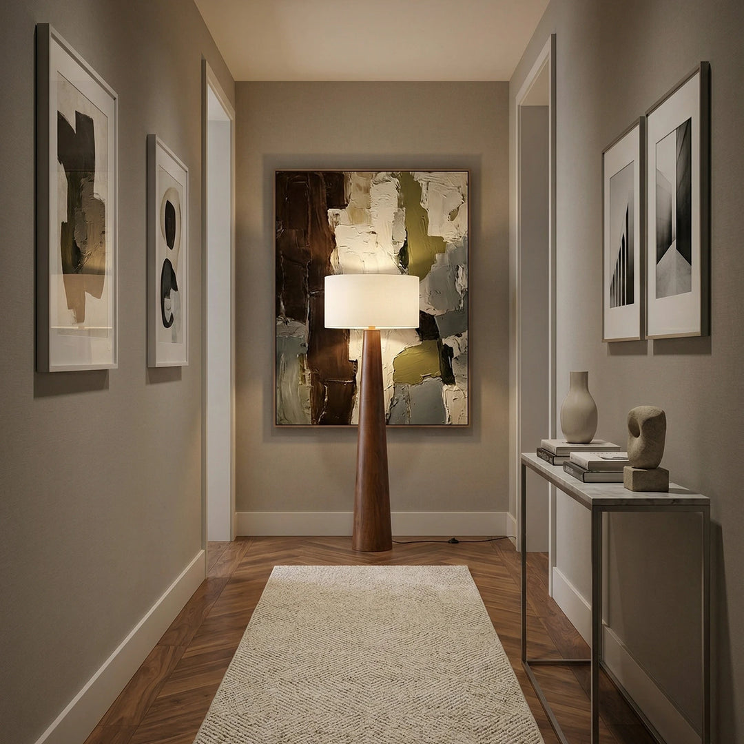 Wooden_Tapered_Floor_Lamp_in_Narrow_Hallway_Entryway_Woorglamp