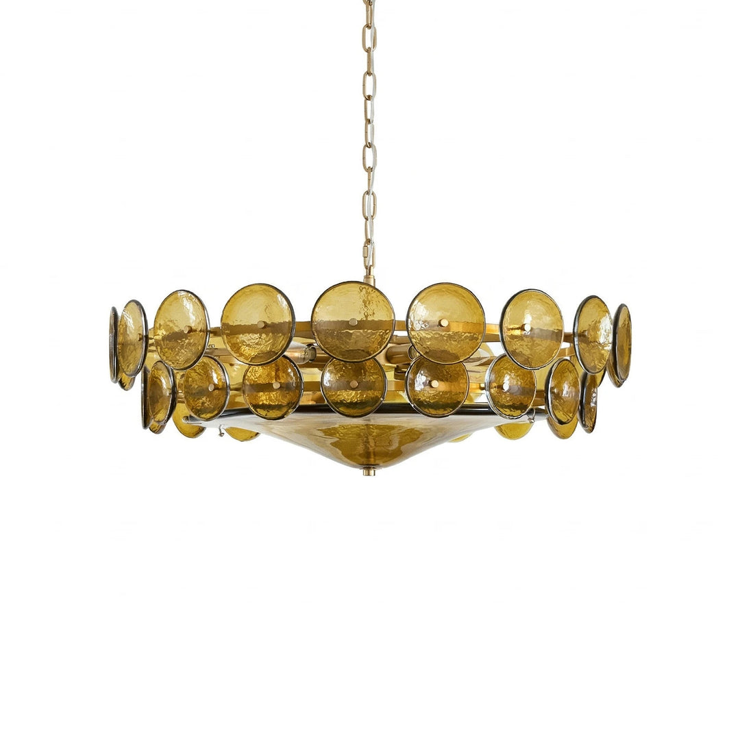 Amber_Glass_Disc_Chandelier_Lit_Up_Warm_Wall_Space_Woorglamp