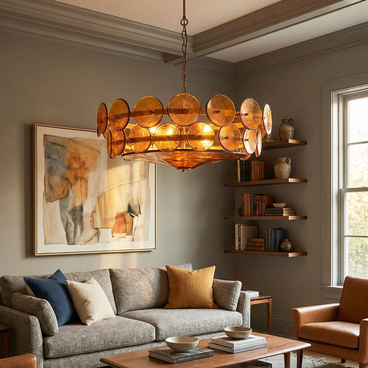 Amber_Glass_Disc_Chandelier_in_Cozy_Living_Room_Woorglamp