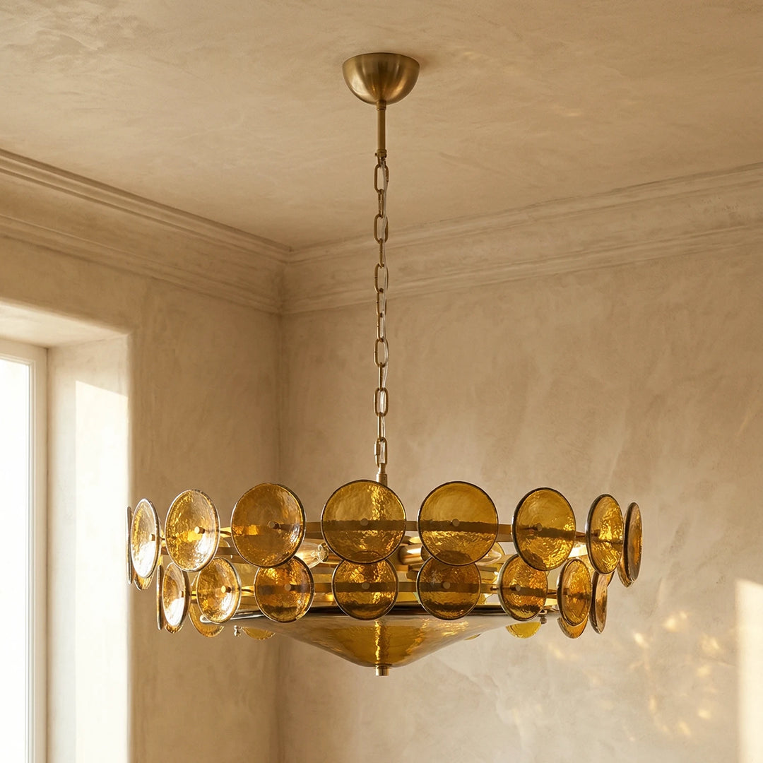 Clear_Glass_Disc_Chandelier_Lit_Up_Warm_Wall_Space_Woorglamp