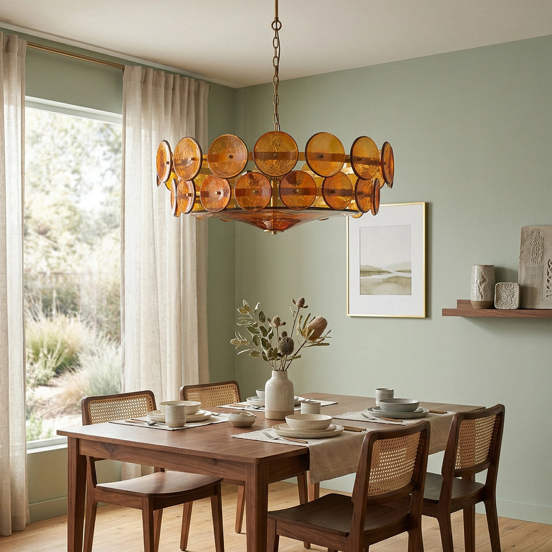 Amber_Glass_Disc_Chandelier_in_Light_Green_Dining_Space_Woorglamp