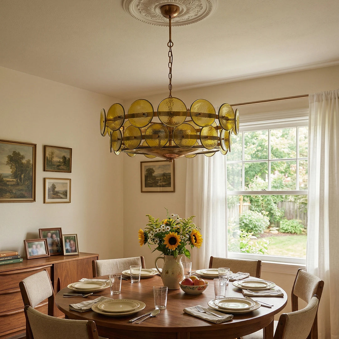 Amber_Glass_Disc_Chandelier_in_Wooden_Dining_Room_Woorglamp
