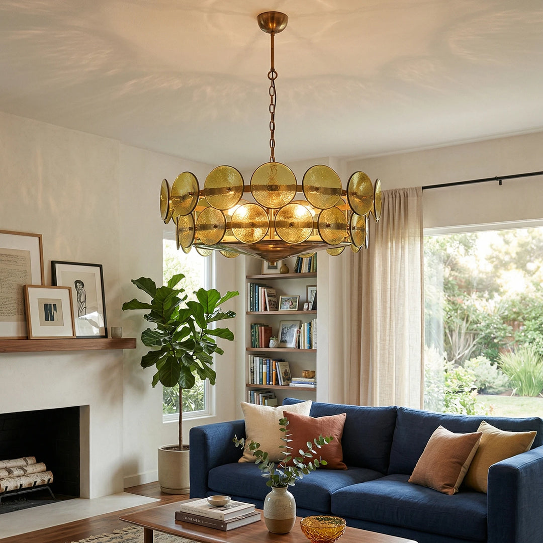Amber_Glass_Disc_Chandelier_in_Modern_Living_Room_Woorglamp