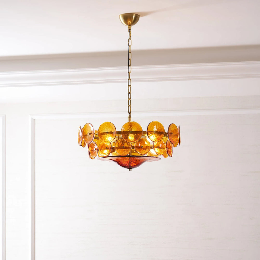 Orange_Amber_Glass_Disc_Chandelier_Plain_Ceiling_Background_Woorglamp