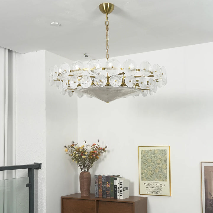 Clear_Glass_Disc_Chandelier_Full_View_Studio_Lit_Up_Woorglamp