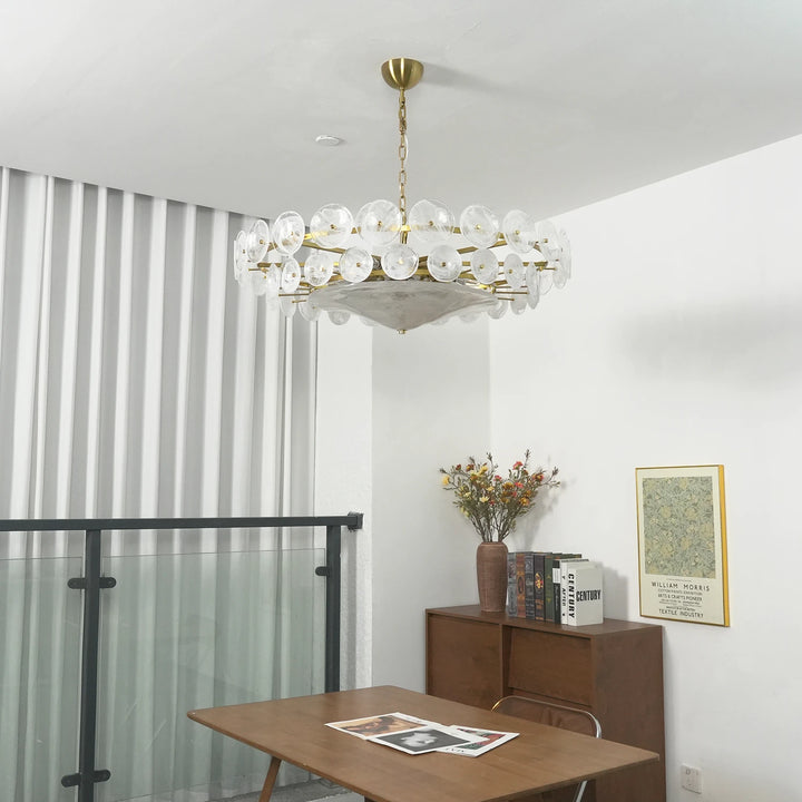 Clear_Glass_Disc_Chandelier_in_Bright_White_Space_Woorglamp