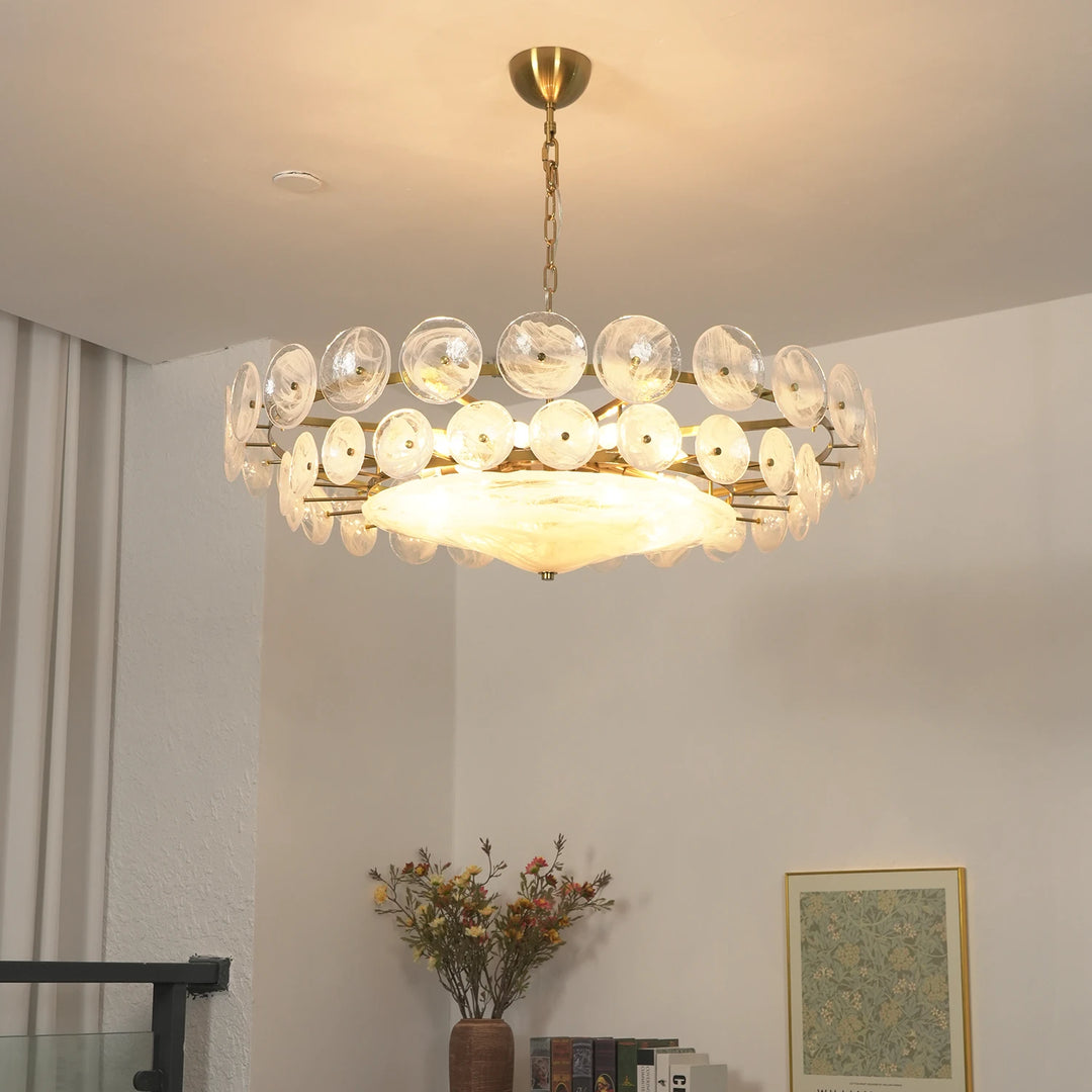 Clear_Glass_Disc_Chandelier_in_Minimalist_Home_Office_Woorglamp