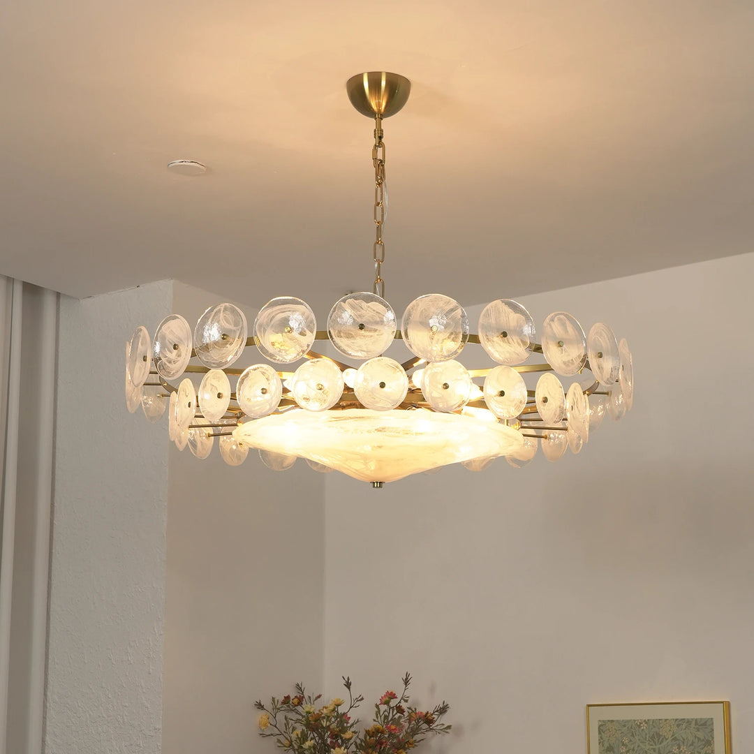 Clear_Glass_Disc_Chandelier_Lit_Up_Warm_Glow_Woorglamp