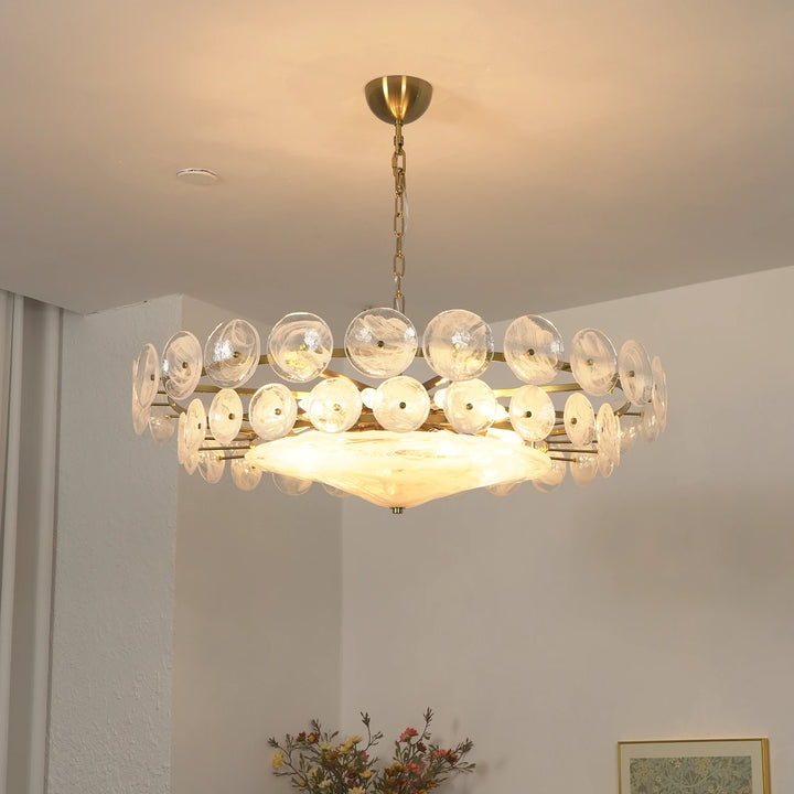 Clear_Glass_Disc_Chandelier_Lit_Up_Warm_Glow_Woorglamp