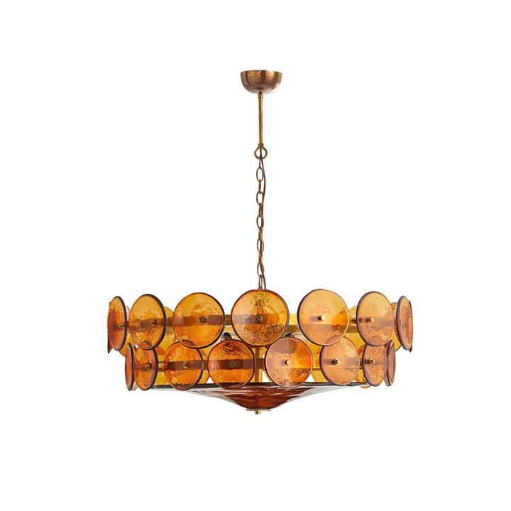Olive_Amber_Glass_Disc_Chandelier_Lit_Up_Warm_Wall_Space_Woorglamp