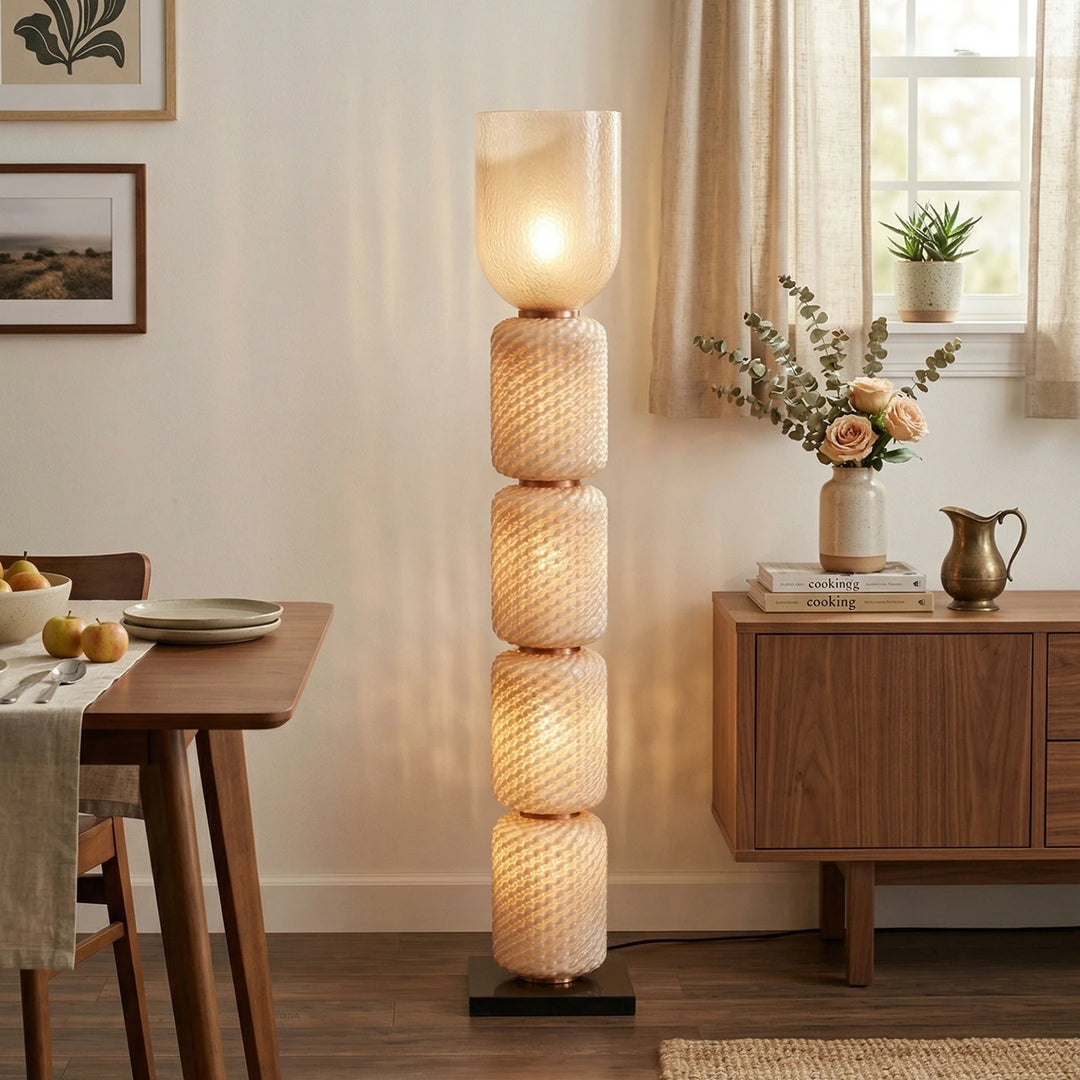 Yellow_Tiered_Column_Glass_Lamp_in_Cozy_Bedroom_Woorglamp