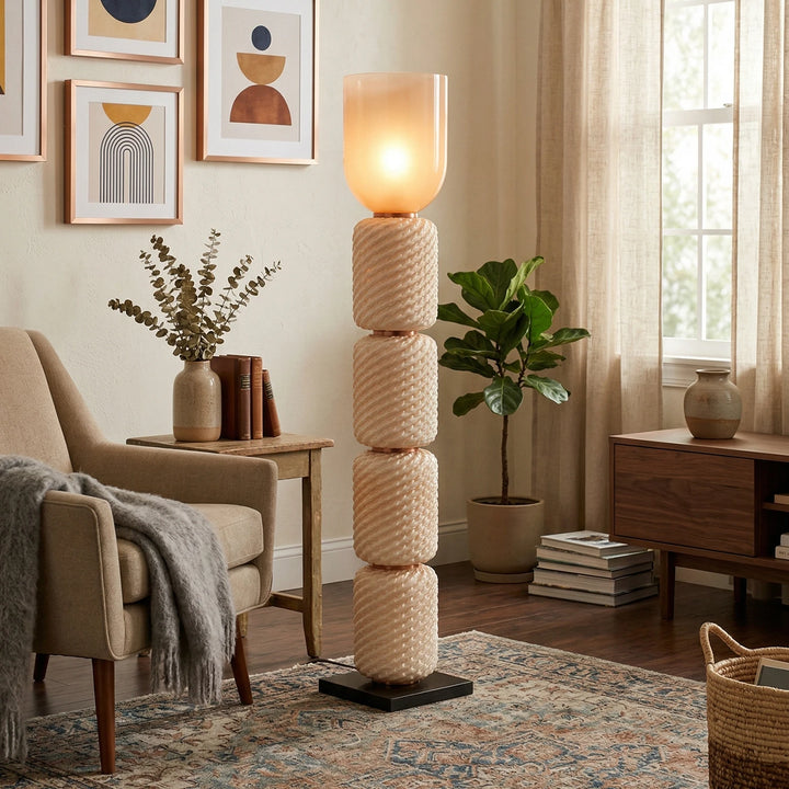 Pink_Tiered_Column_Glass_Lamp_in_Cozy_Living_Room_Woorglamp