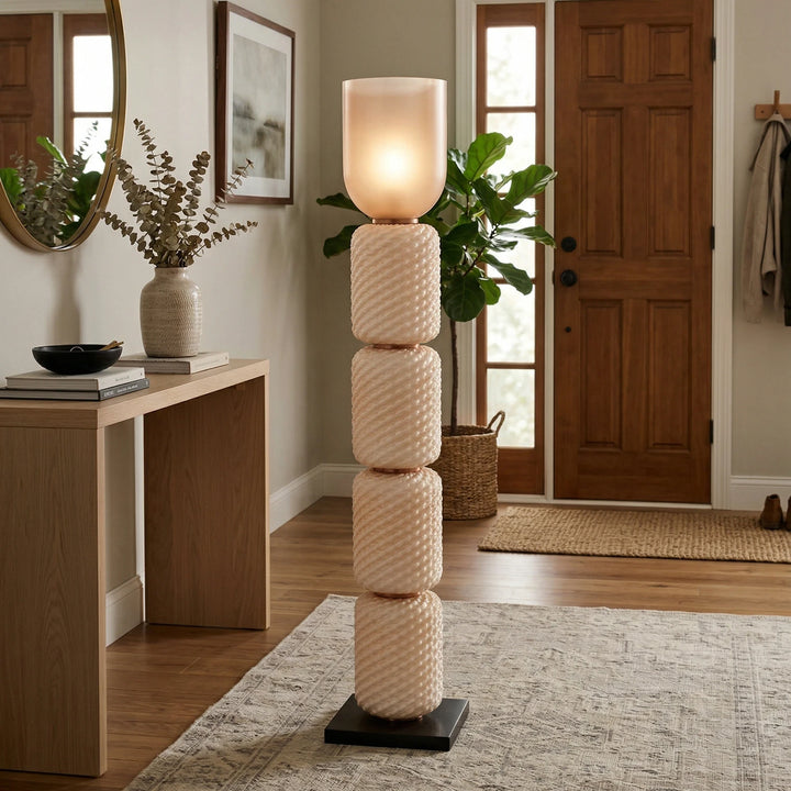 Pink_Tiered_Column_Glass_Lamp_in_Modern_Entryway_Woorglamp