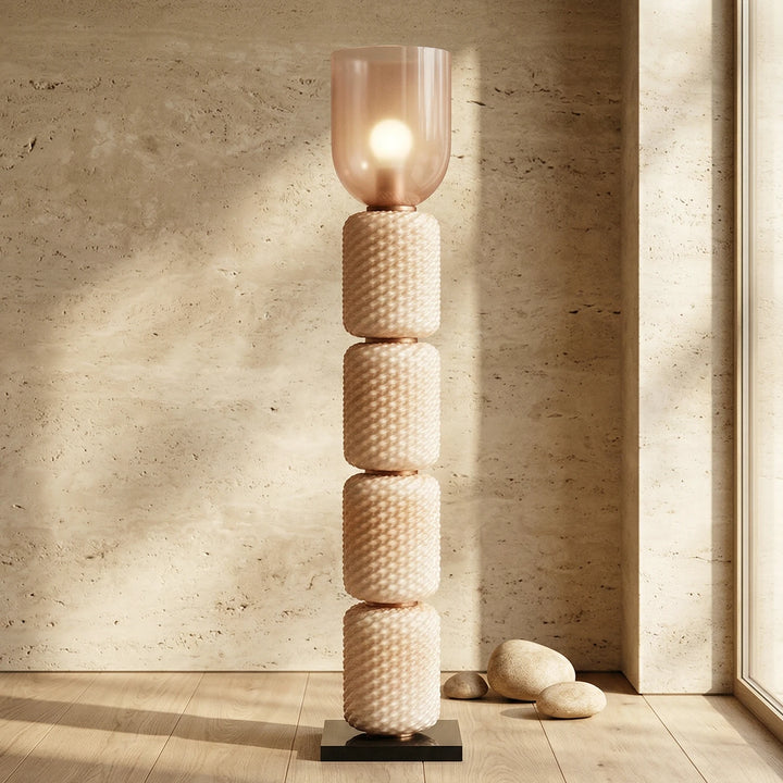 Pink_Tiered_Column_Glass_Lamp_Side_View_Studio_Shot_Woorglamp
