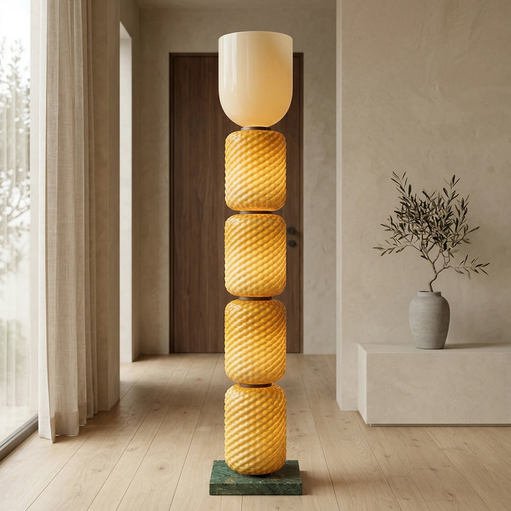 Yellow_Tiered_Column_Glass_Lamp_in_Warm_Tone_Space_Woorglamp