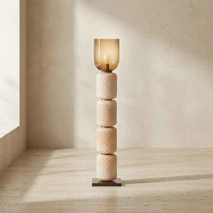 Teal_Tiered_Column_Glass_Lamp_in_Textured_Wall_Space_Woorglamp