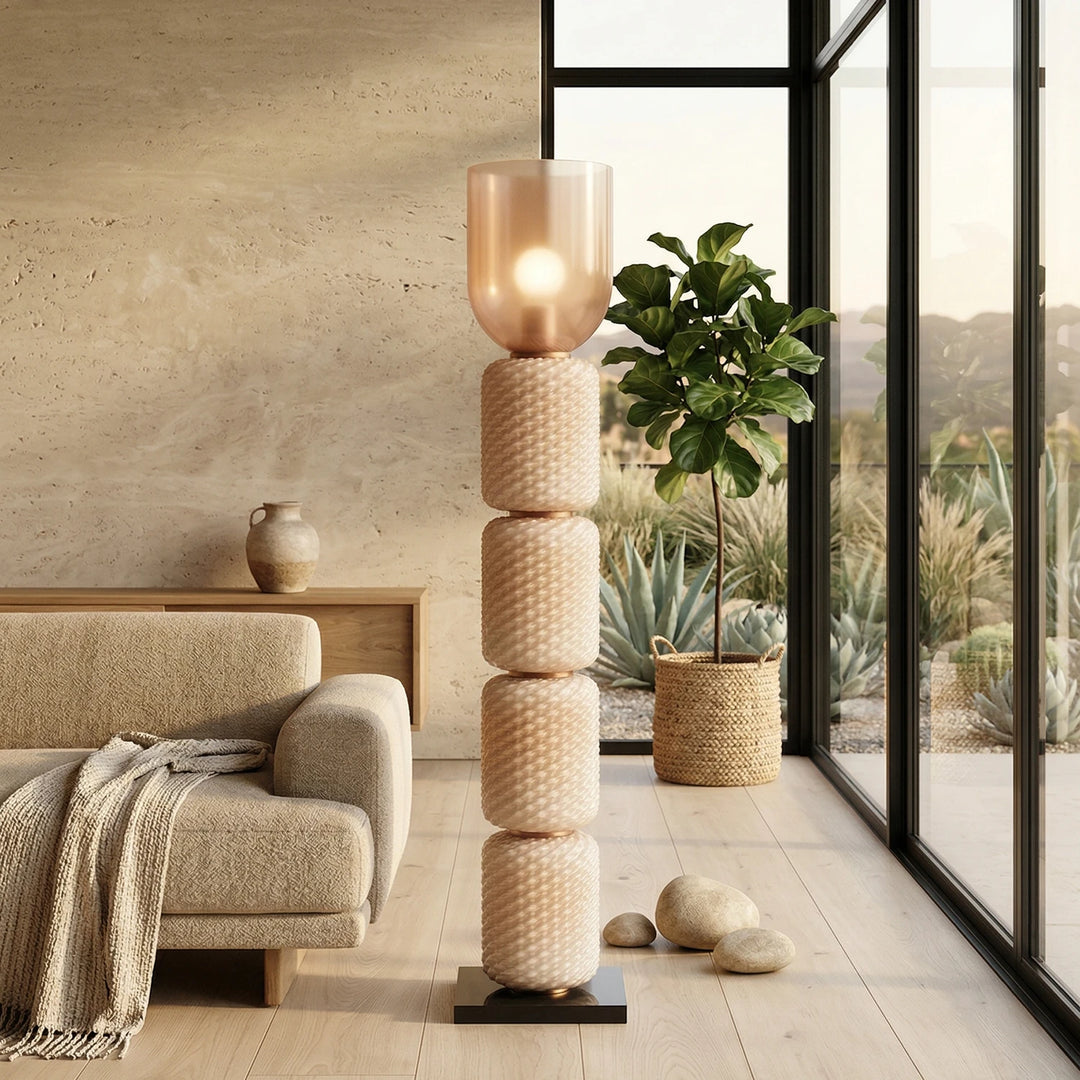 Pink_Tiered_Column_Glass_Lamp_by_Large_Window_Living_Room_Woorglamp