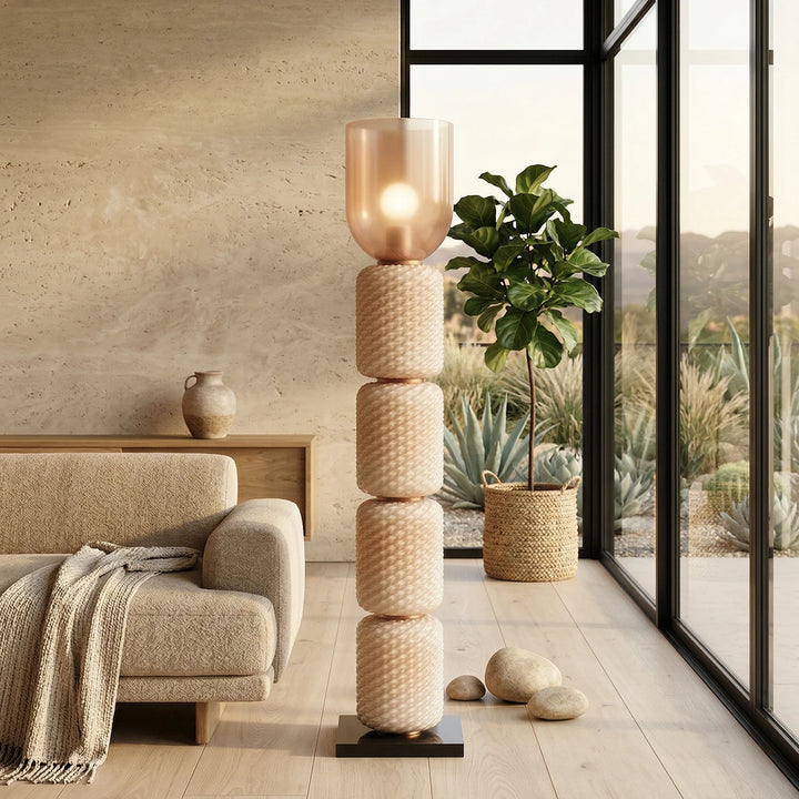 Pink_Tiered_Column_Glass_Lamp_by_Large_Window_Living_Room_Woorglamp