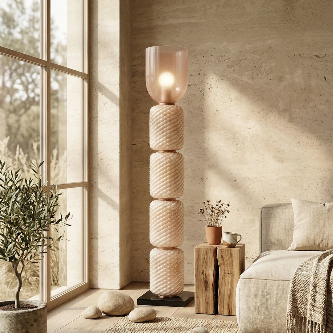 Pink_Tiered_Column_Glass_Lamp_in_Sunlit_Living_Area_Woorglamp